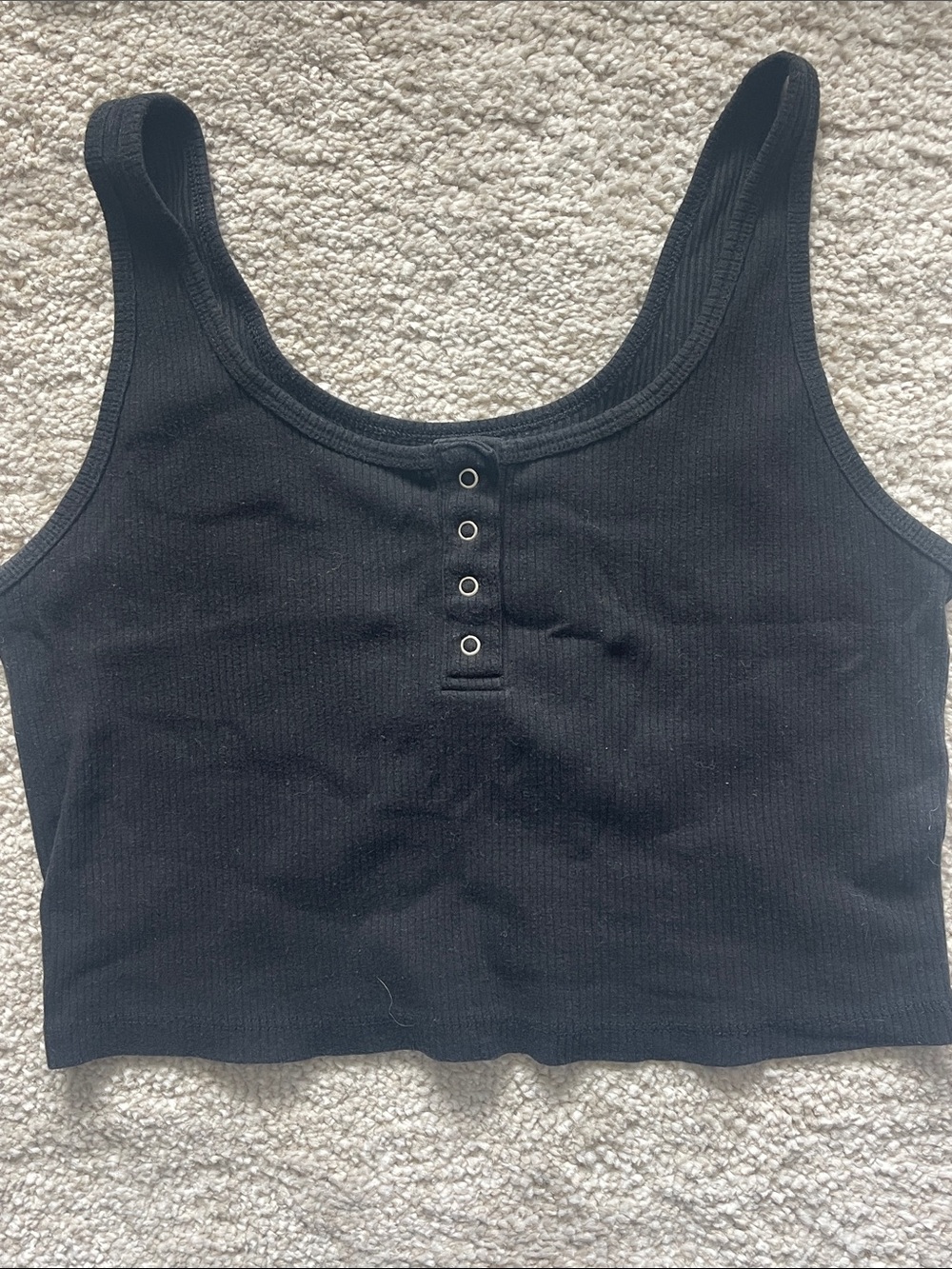 Black Ribbed Tank Crop Top with Snap-Button Detail